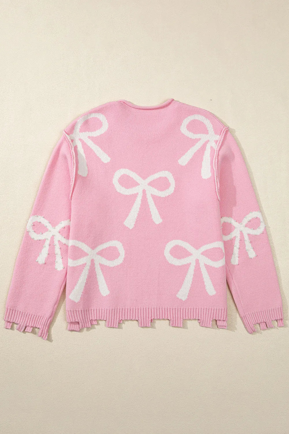 Pearl Detail Bow Round Neck Long Sleeve Sweater Trendsi