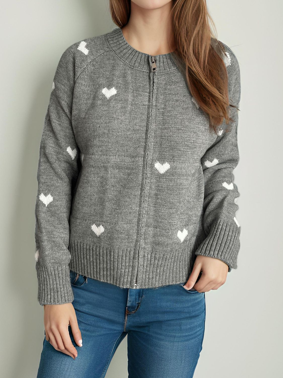 Heart Round Neck Zip Up Cardigan Trendsi