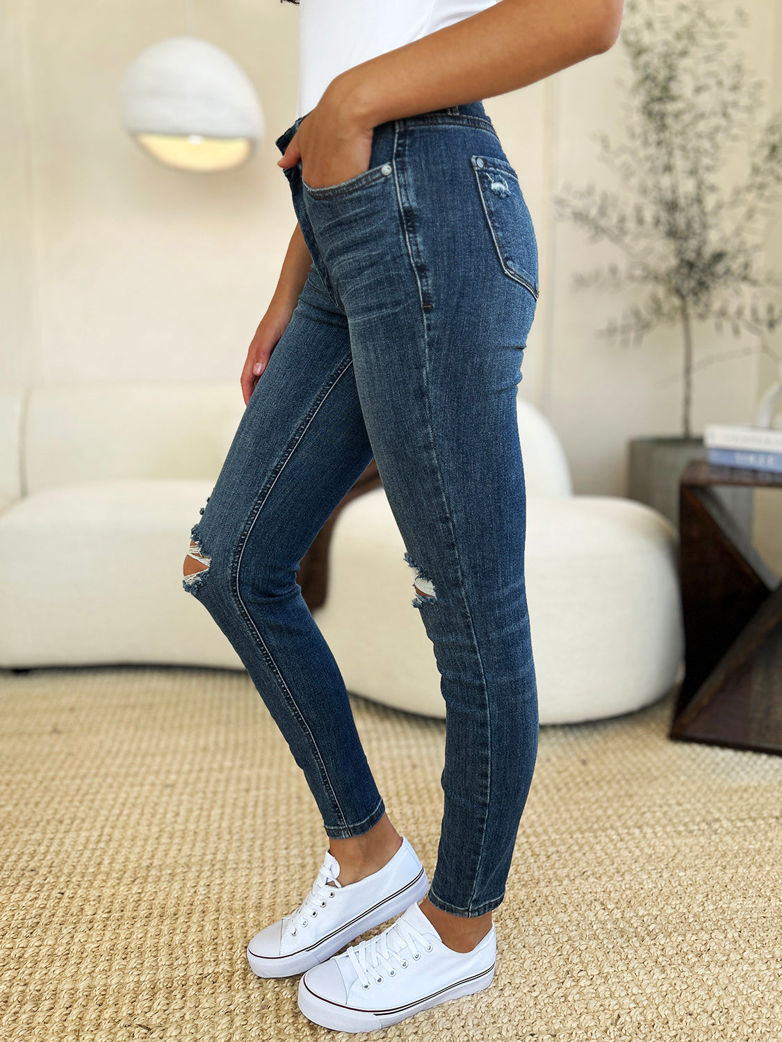 Judy Blue Full Size Mid Waist Distressed Slim Jeans Trendsi