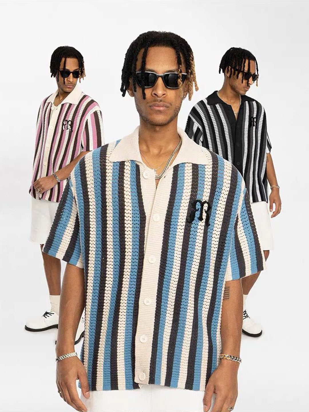 Sneakerhill Striped Embroidered Short-sleeved Shirt