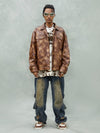 Sneakerhill Leather Pleated Slim Fit Brown Jacket - sneakerhillcom