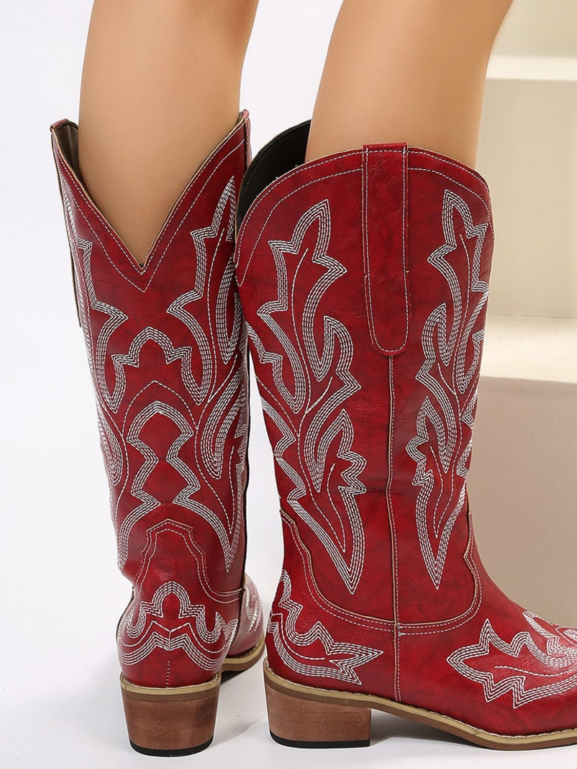 PU Leather Embroidered Geometric Point Toe Boots Trendsi