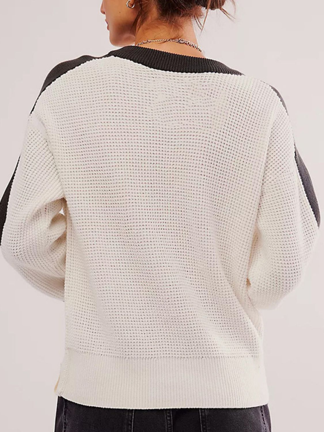 Waffle-Knit Contrast Round Neck Sweater Trendsi