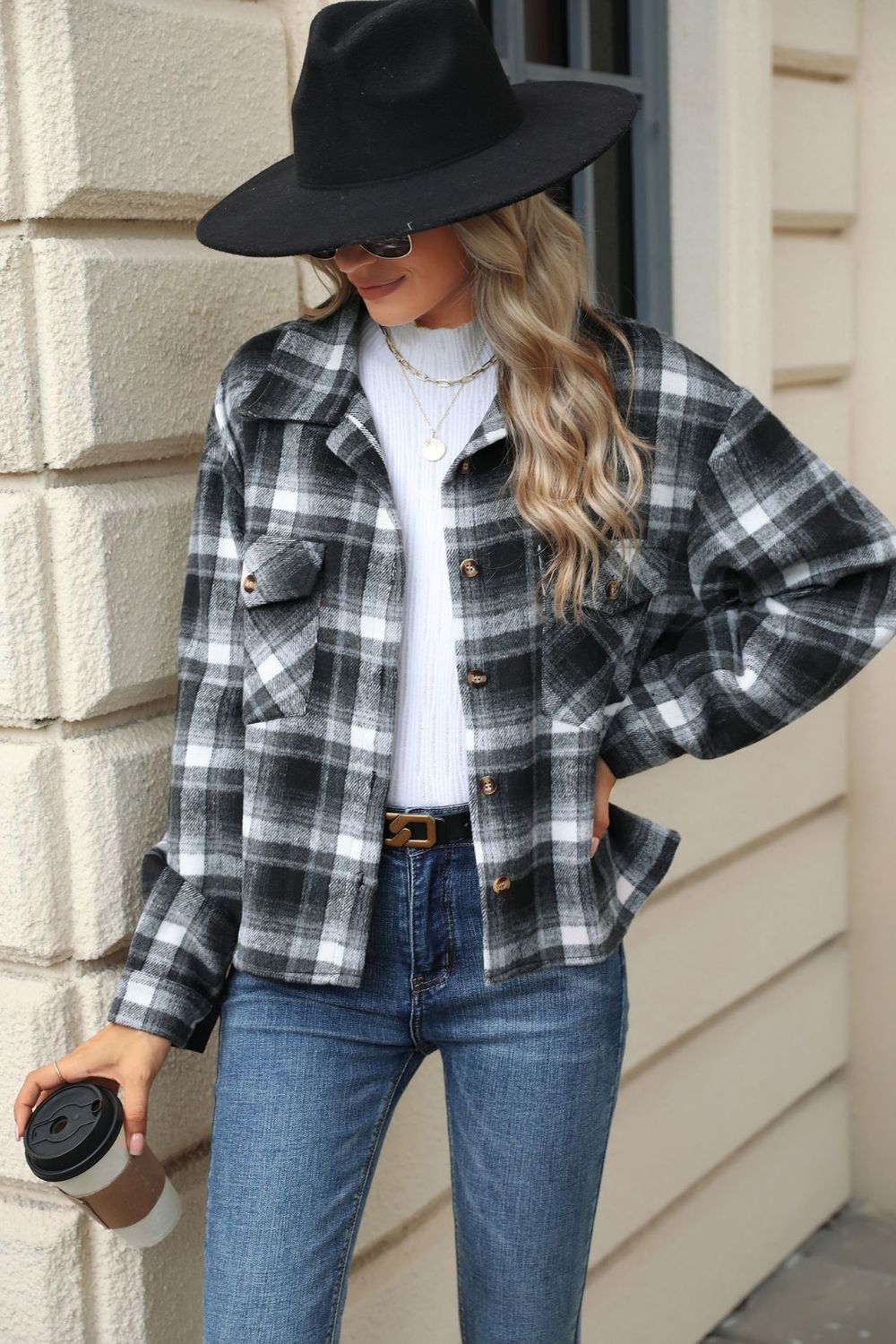 Pocketed Plaid Collared Neck Dropped Shoulder Jacket Trendsi