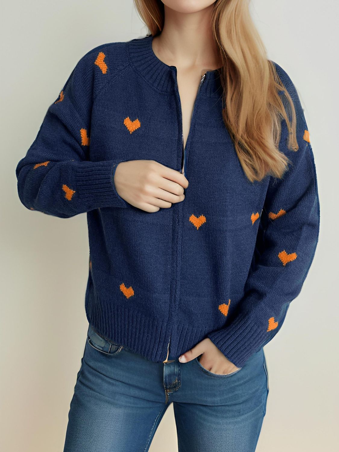 Heart Round Neck Zip Up Cardigan Trendsi