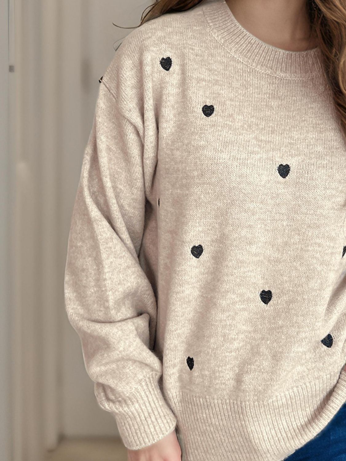 Heart Round Neck Long Sleeve Sweater Trendsi