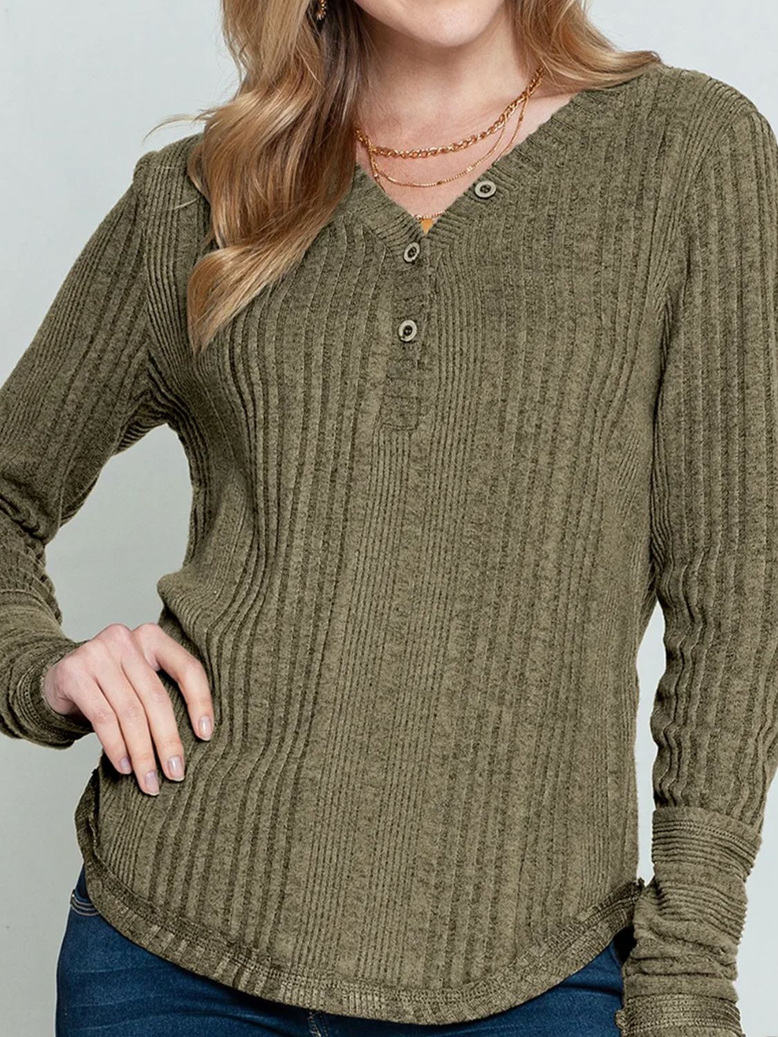 Textured V-Neck Long Sleeve T-Shirt Trendsi