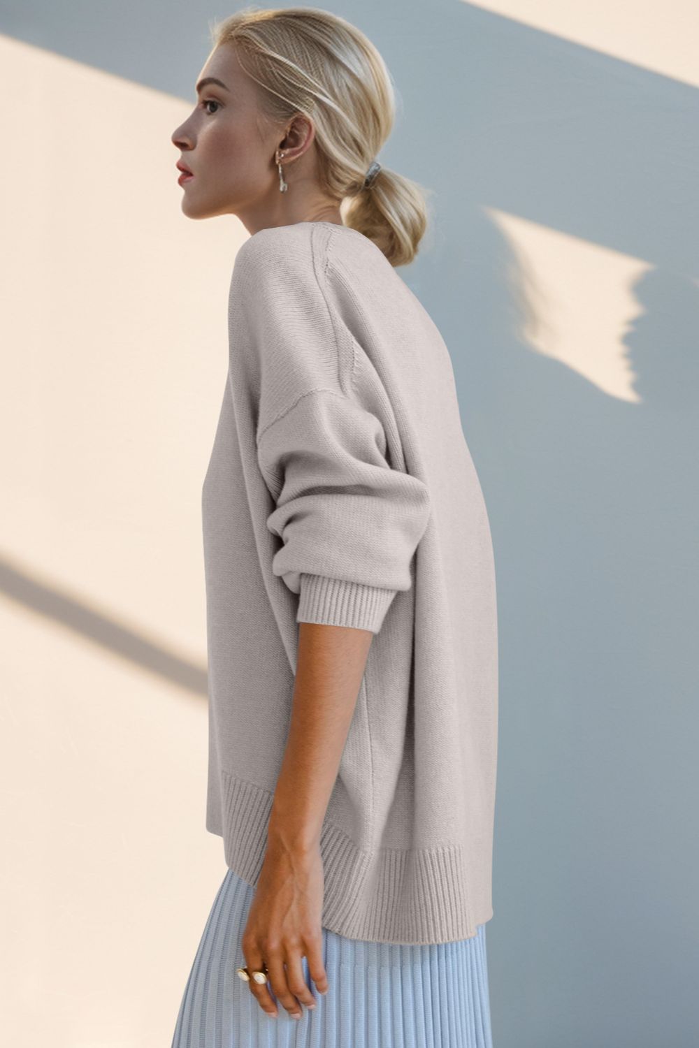 Basic Bae Round Neck Dropped Shoulder Sweater Trendsi