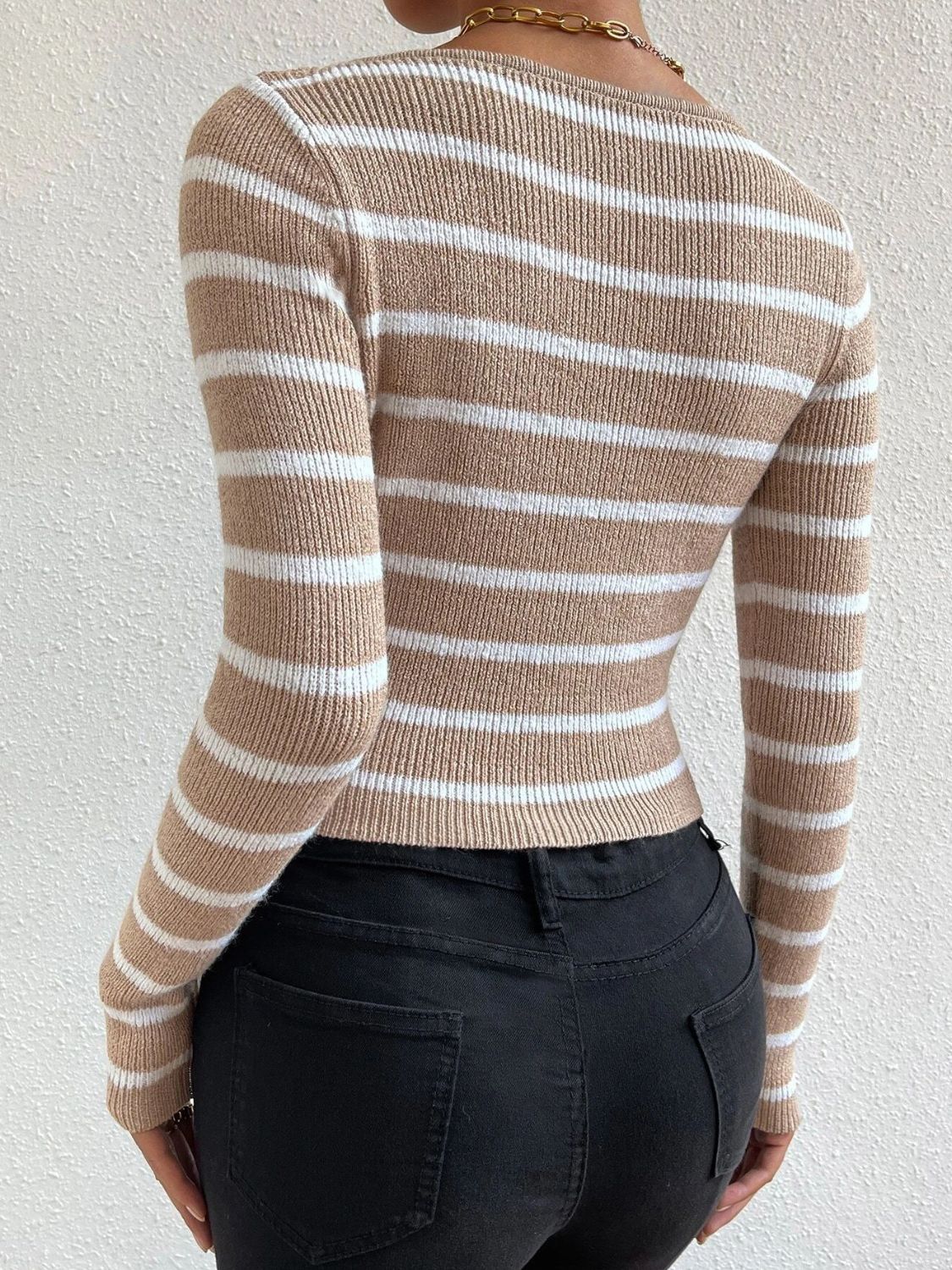 Striped Notched Long Sleeve Sweater Trendsi