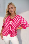 Double Take Tied Checkered Dropped Shoulder Flounce Sleeve Cardigan Trendsi