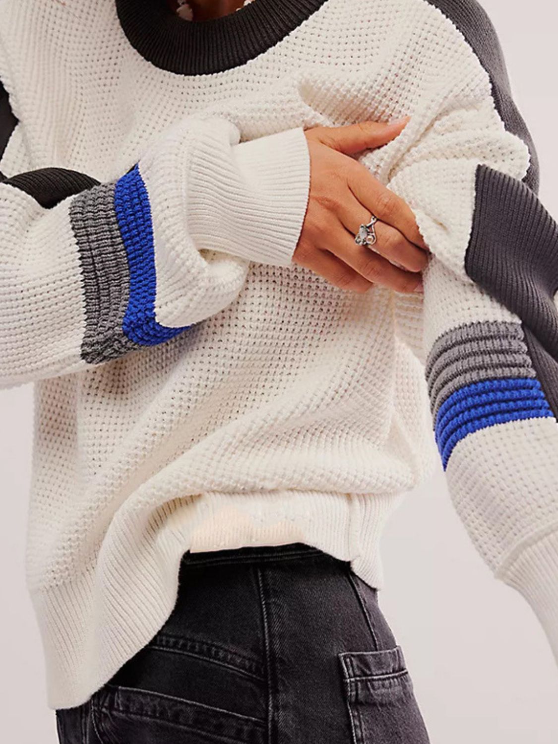 Waffle-Knit Contrast Round Neck Sweater Trendsi