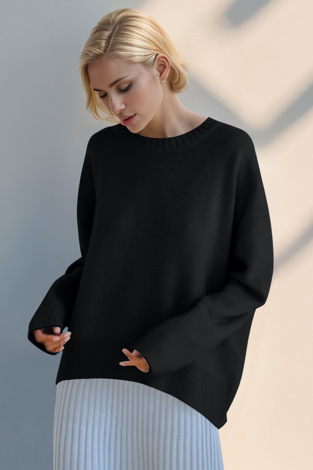 Basic Bae Round Neck Dropped Shoulder Sweater Trendsi