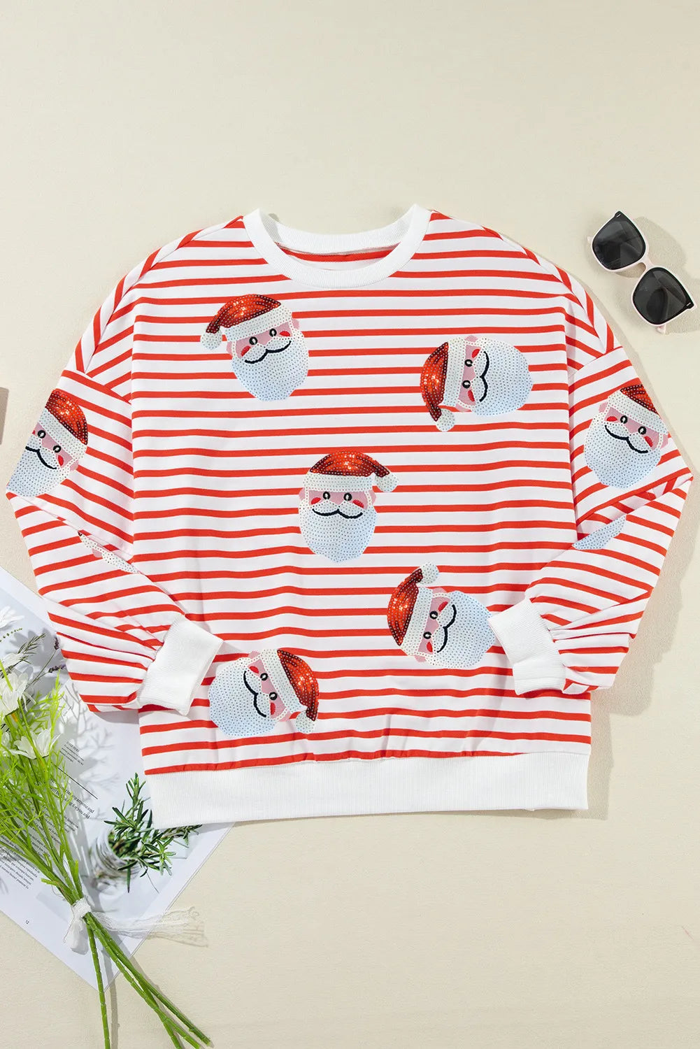 Sequin Santa Striped Round Neck Long Sleeve Sweatshirt Trendsi