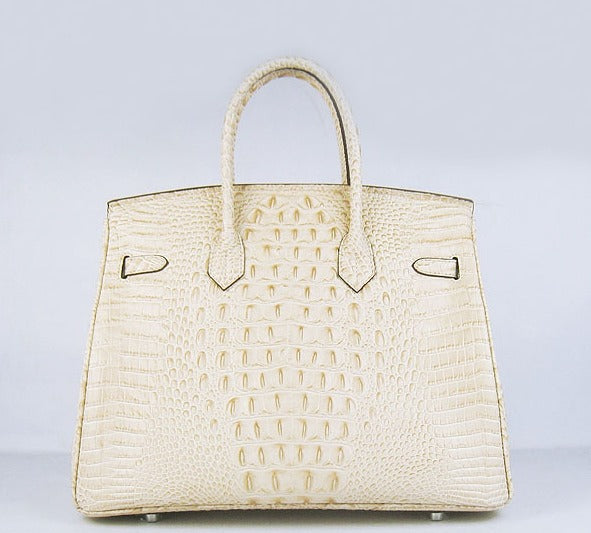 HMS Birkin 35cm Crocodile Head Veins Handbags Beige Silver - sneakerlandnet