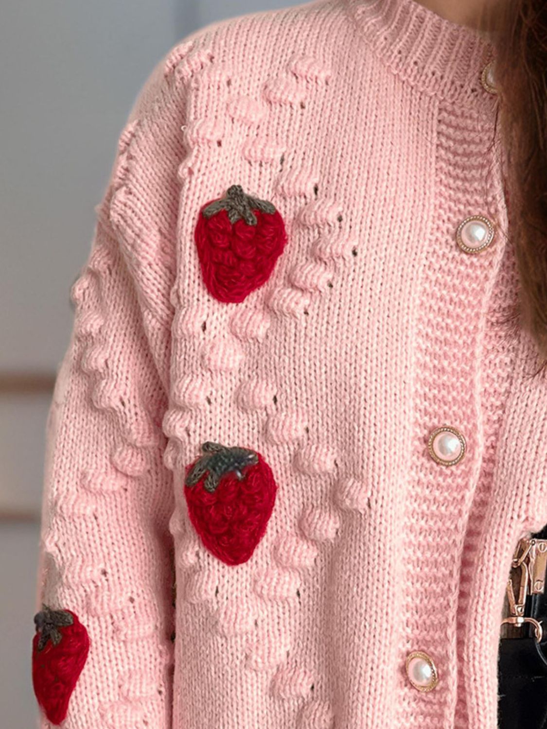 Strawberry Button Down Long Sleeve Cardigan Trendsi