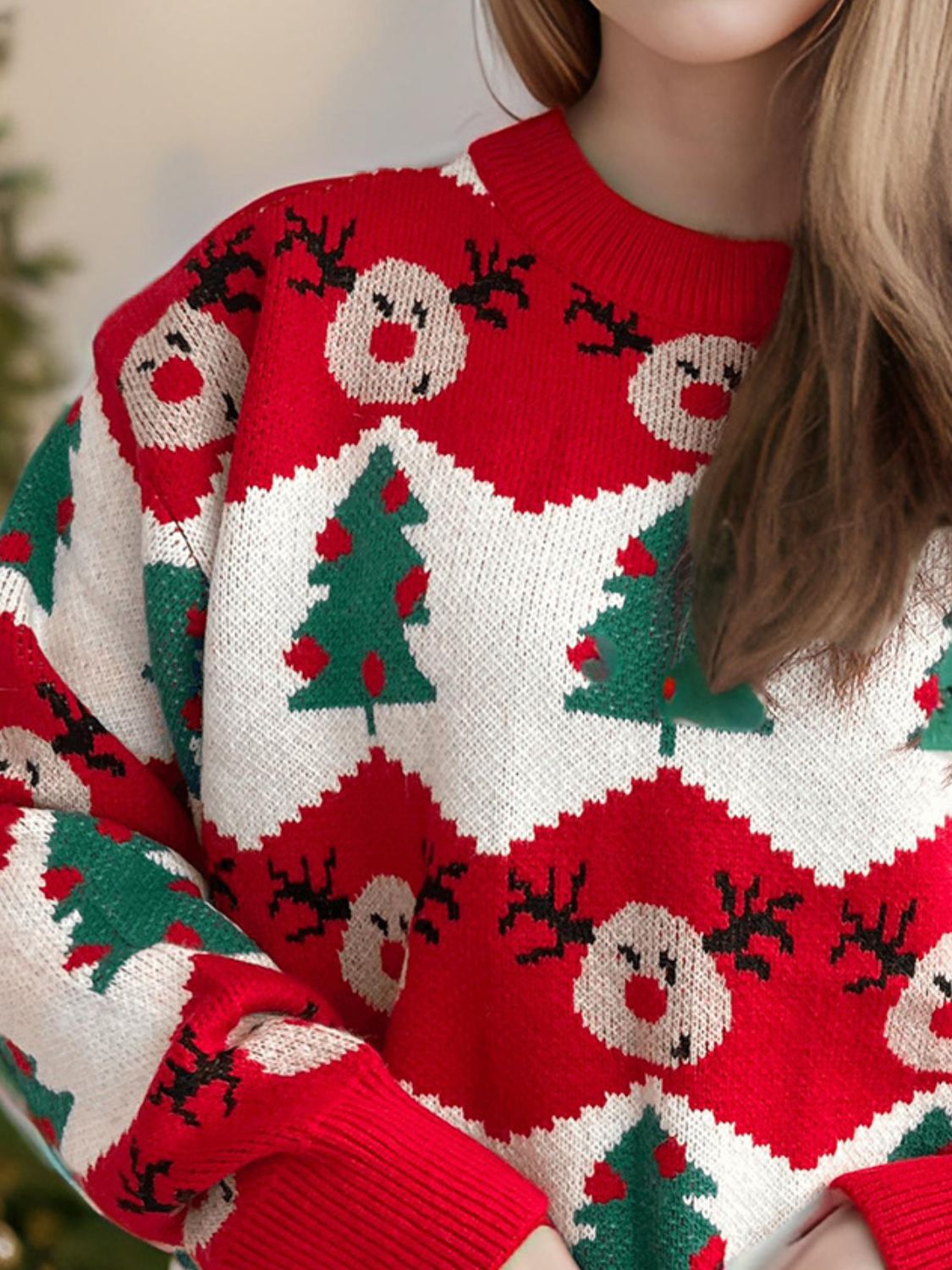 Christmas Element Round Neck Long Sleeve Sweater Trendsi