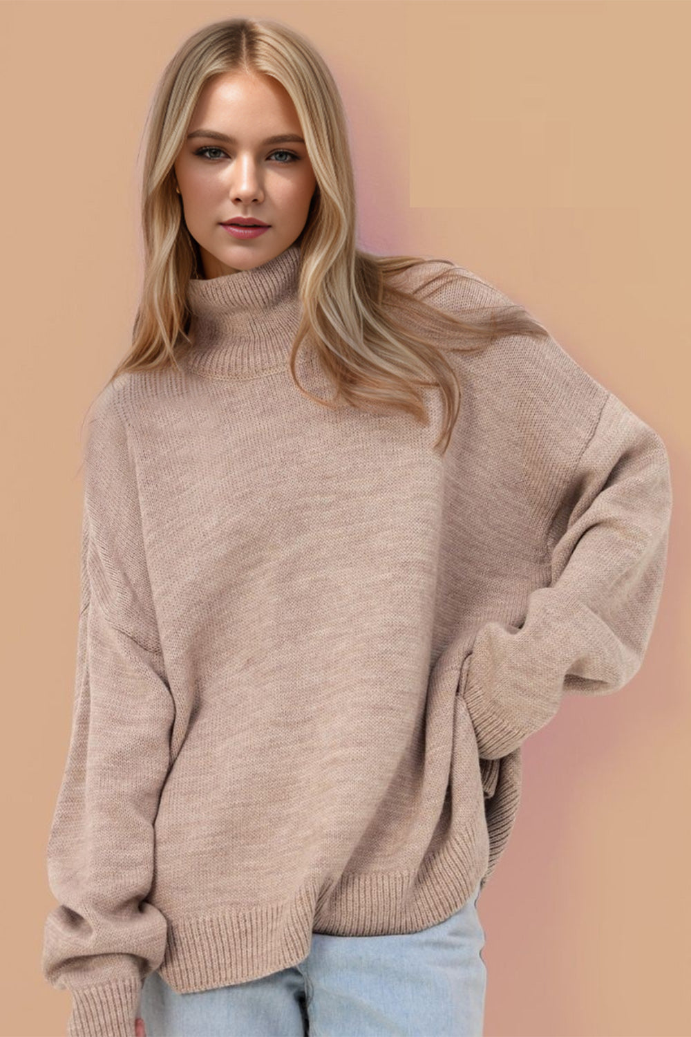 Basic Bae Side Slit Turtleneck Long Sleeve Sweater Trendsi