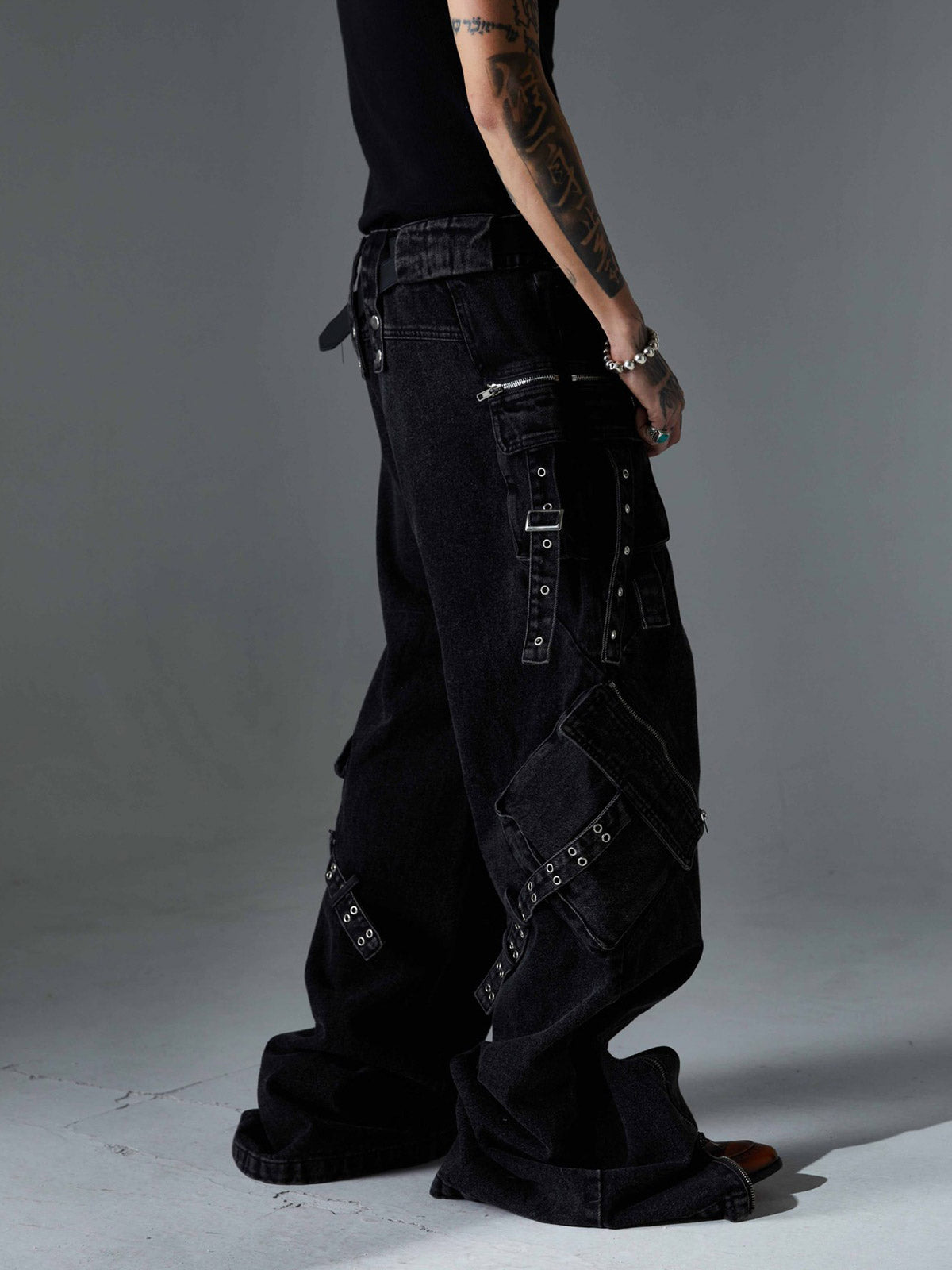 Sneakerhill Multi-Pocket Exposed Zippers Baggy Jeans - sneakerhillcom