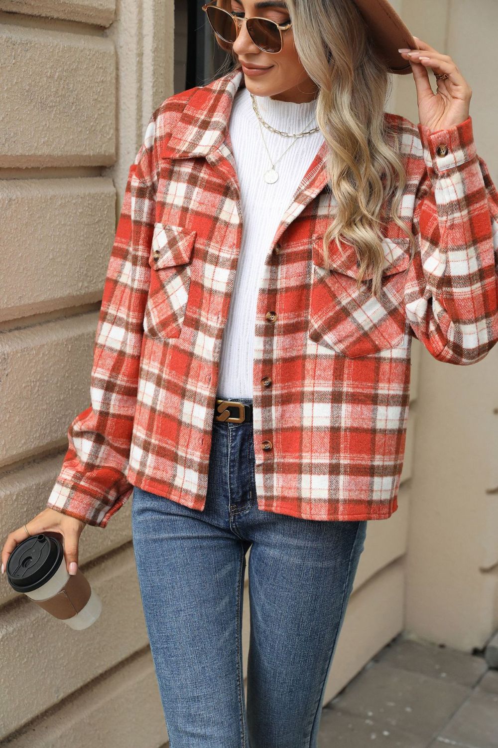 Pocketed Plaid Collared Neck Dropped Shoulder Jacket Trendsi