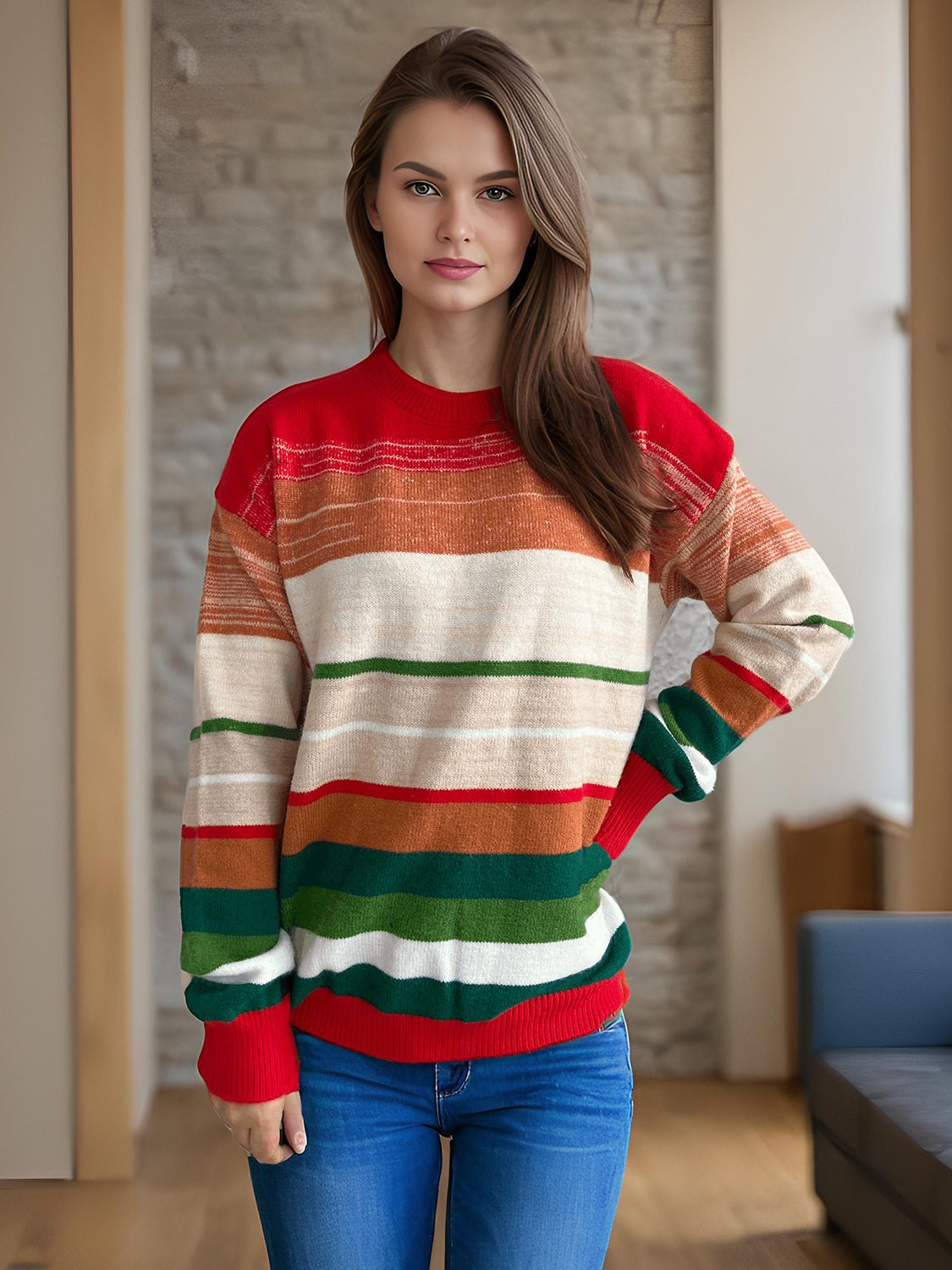 Contrast Striped Round Neck Long Sleeve Sweater Trendsi