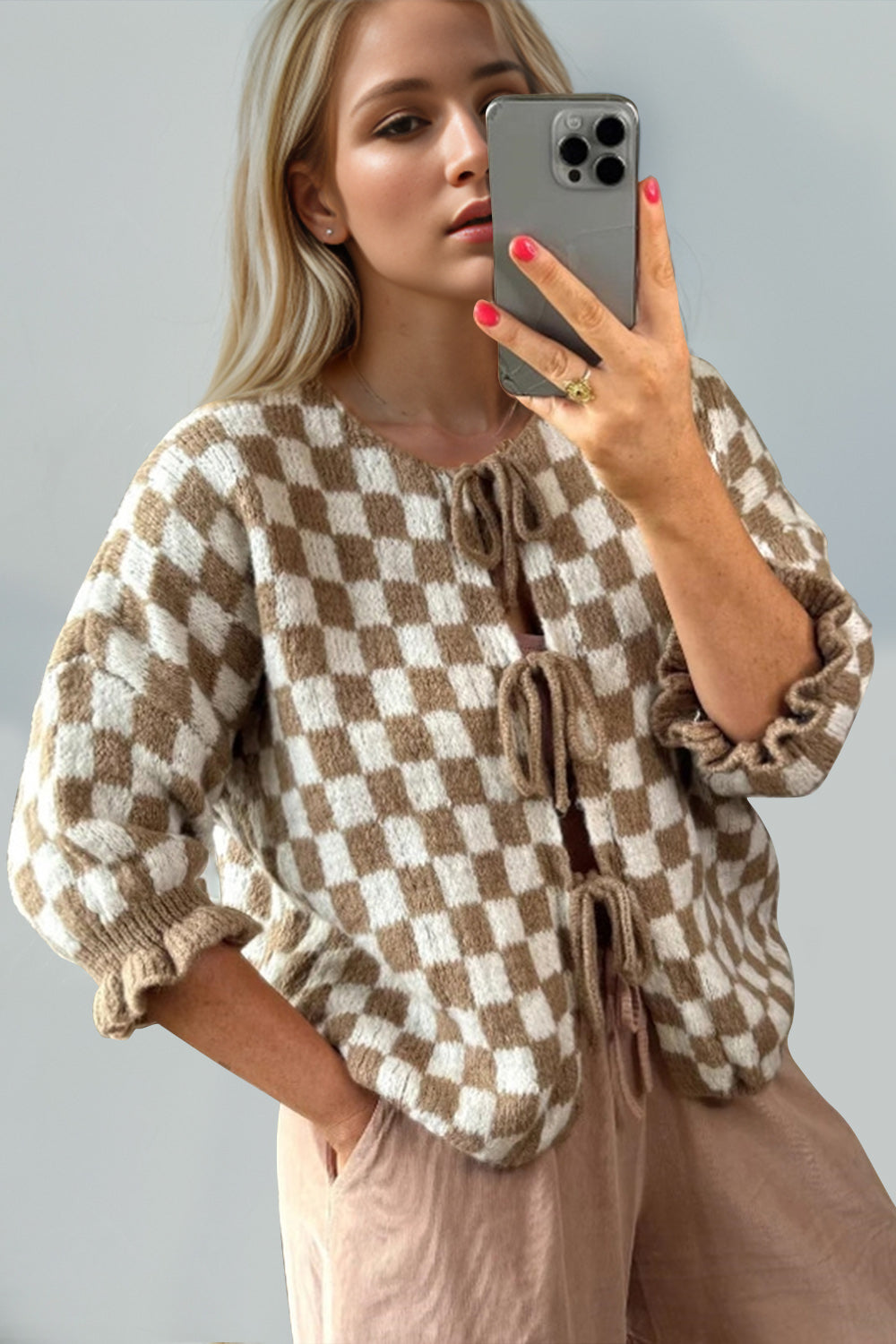 Double Take Tied Checkered Dropped Shoulder Flounce Sleeve Cardigan Trendsi