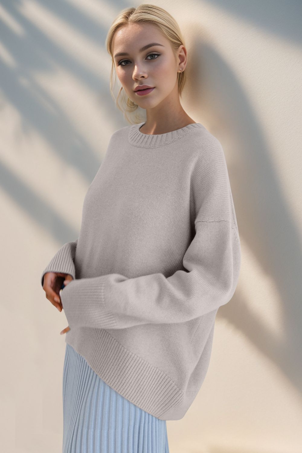 Basic Bae Round Neck Dropped Shoulder Sweater Trendsi