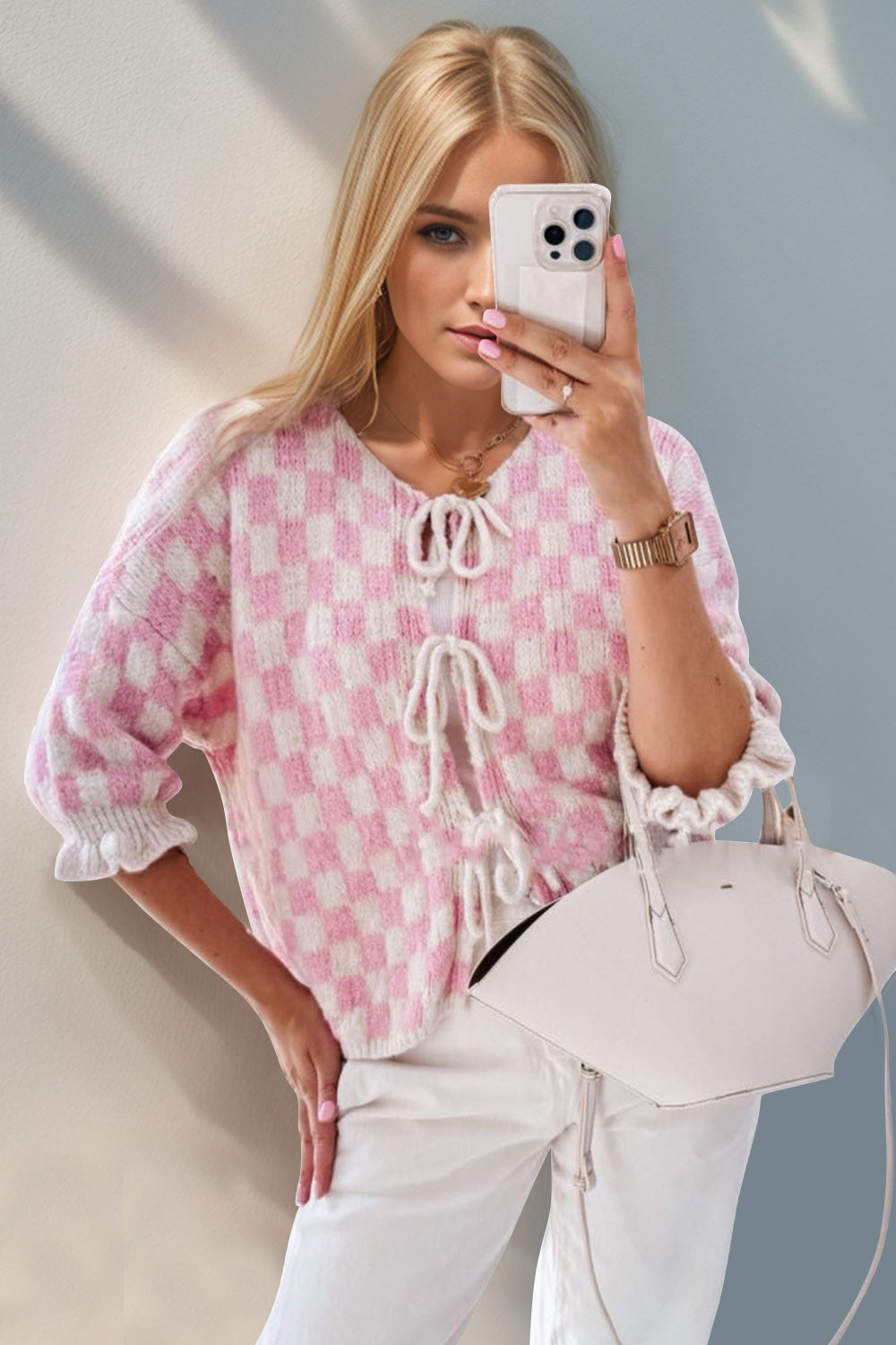 Double Take Tied Checkered Dropped Shoulder Flounce Sleeve Cardigan Trendsi