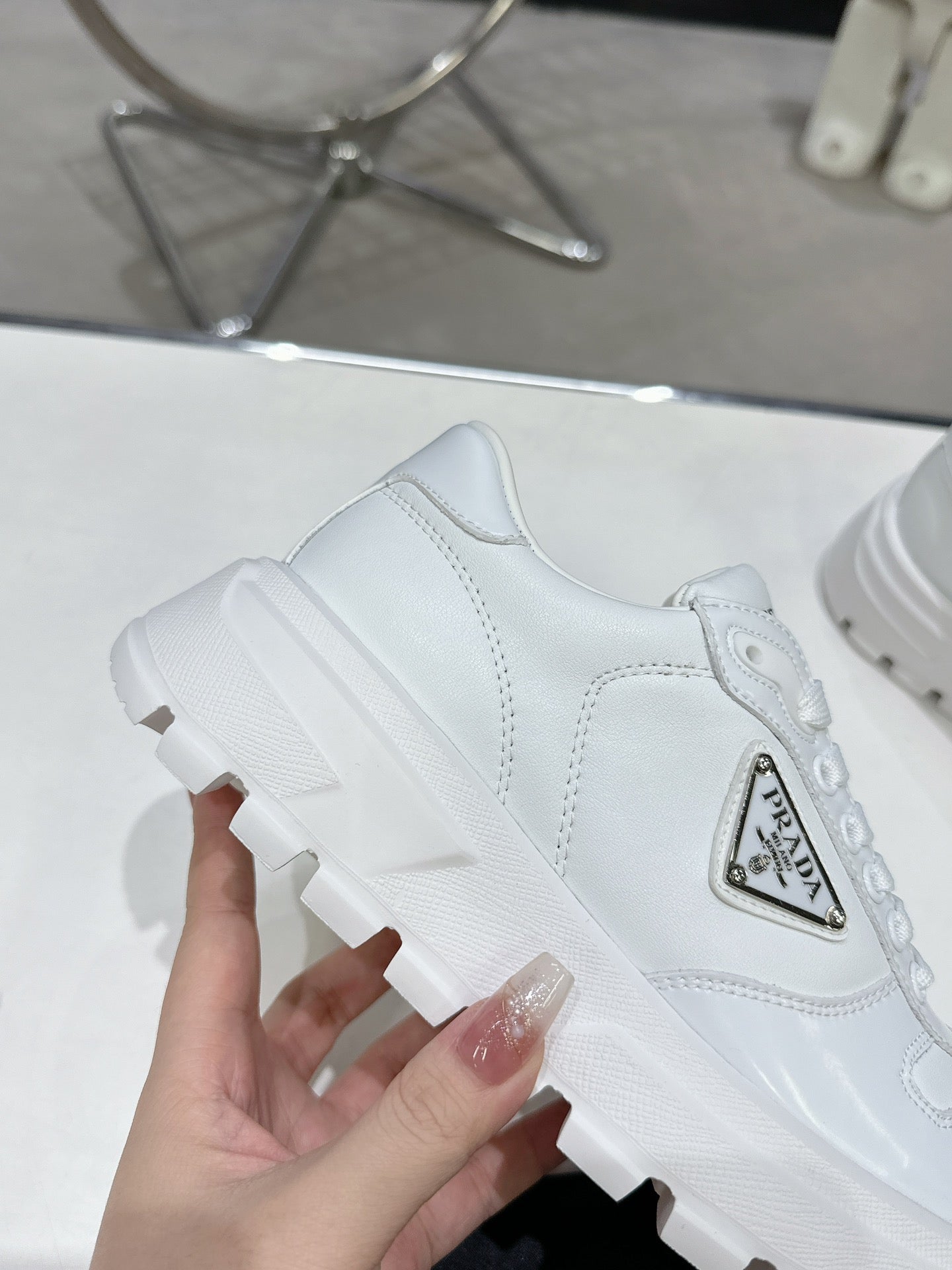 PRD Triangle Logo Leather Sneakers Triple White-046 - sneakerhillcom