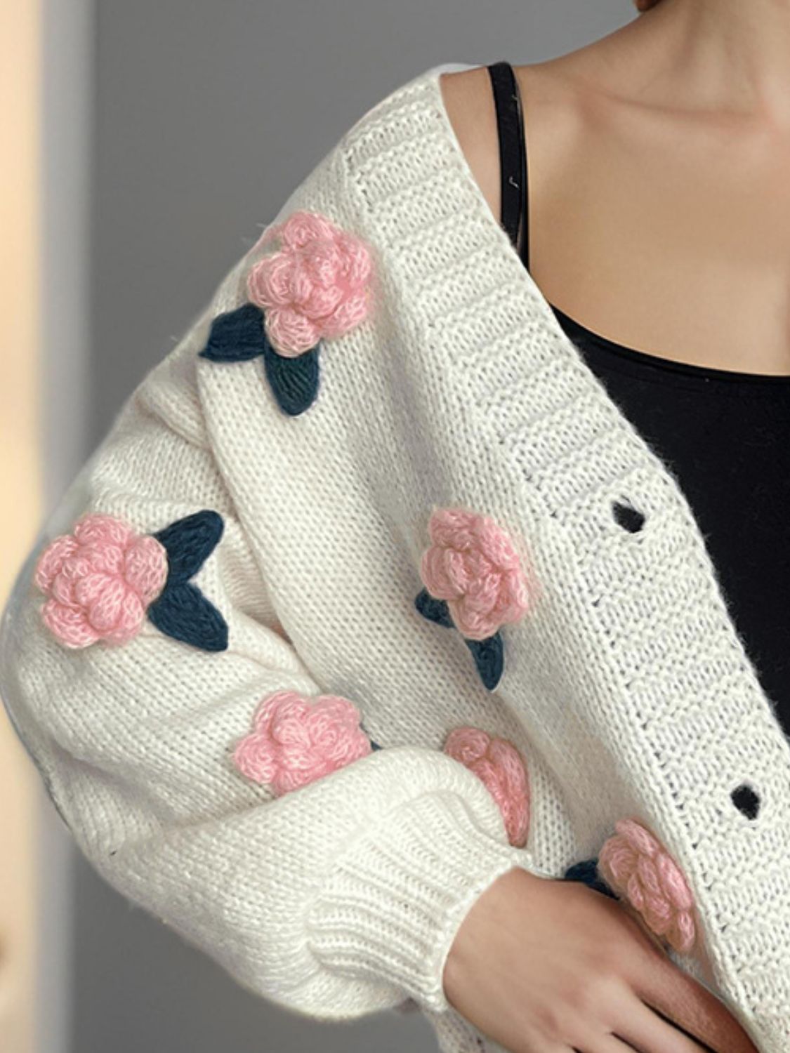 Flower Button Down V-Neck Long Sleeve Cardigan Trendsi