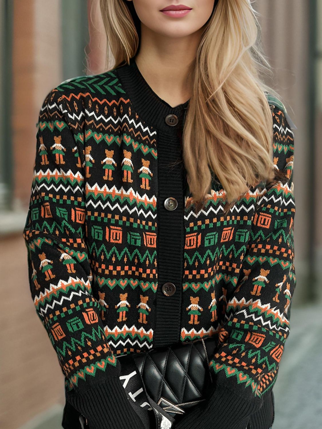 Graphic Button Down Long Sleeve Cardigan Trendsi