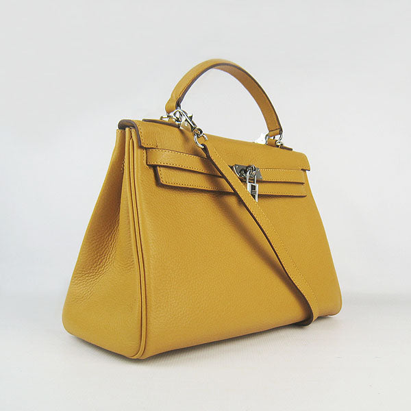 HMS Kelly 32cm Togo Leather Handbag 6108 Yellow Silve Kilta bags