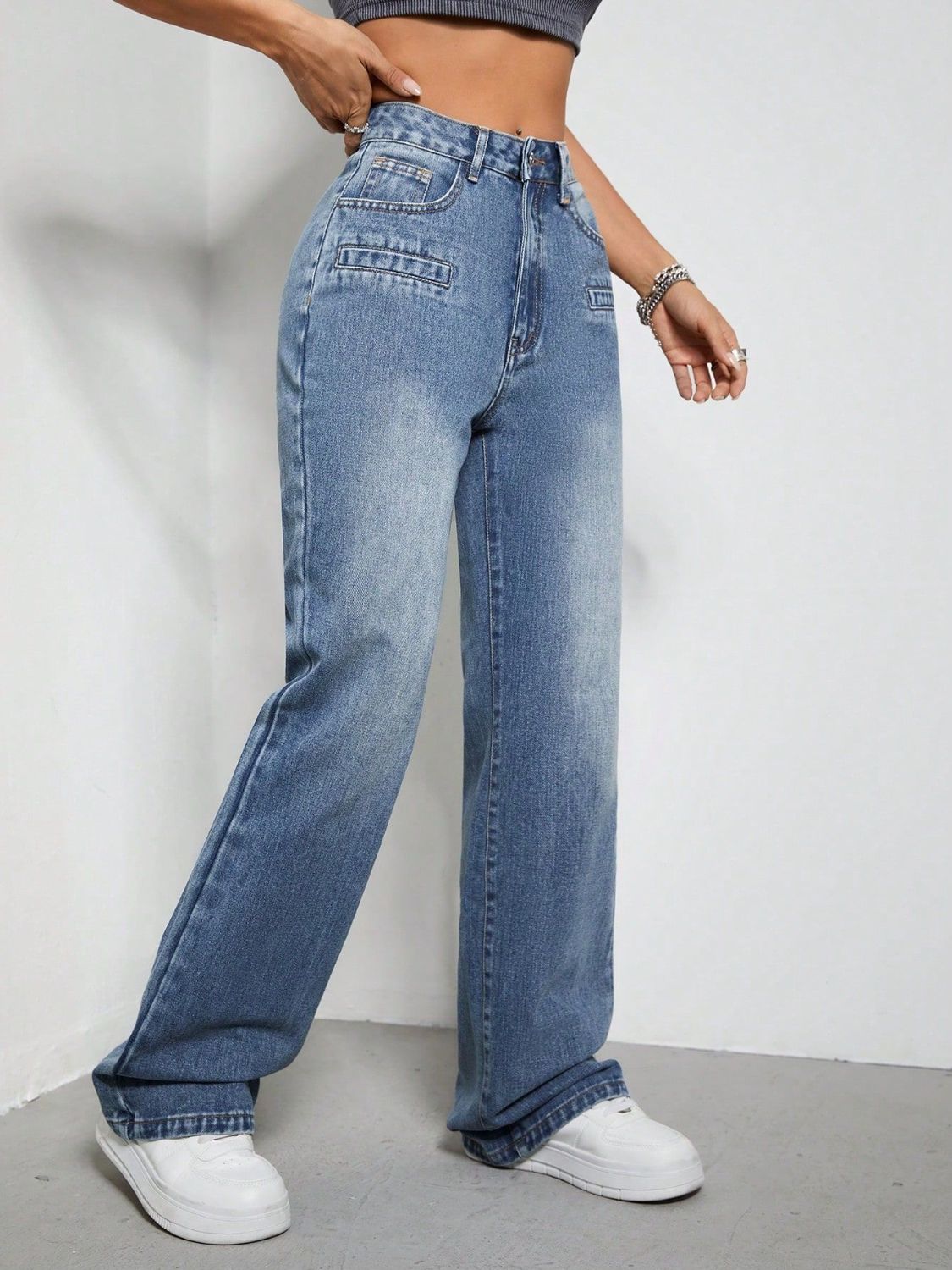 High Rise Wide Leg Jeans with Pockets Trendsi