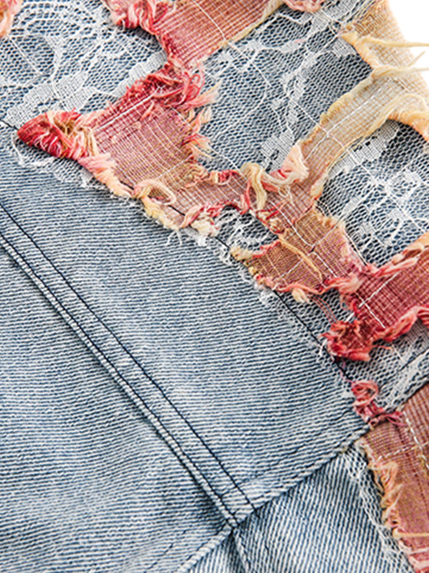 Sneakerhill American Street Style Lace Patchwork Denim Jacket - sneakerhillcom