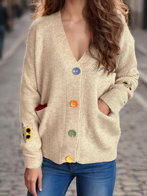 Contrast Button V-Neck Long Sleeve Cardigan Trendsi