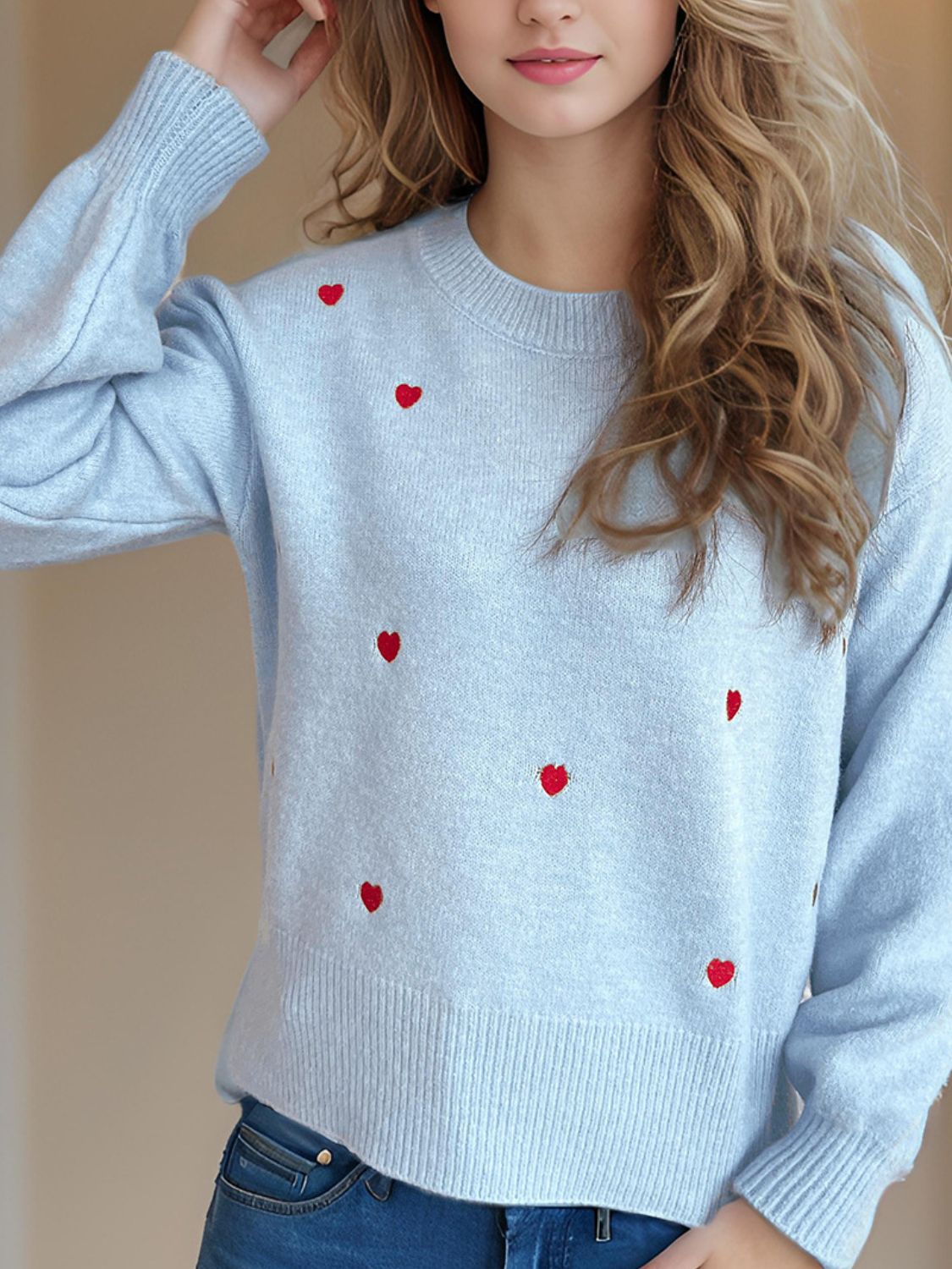 Heart Round Neck Long Sleeve Sweater Trendsi