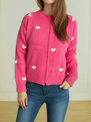 Heart Round Neck Zip Up Cardigan Trendsi