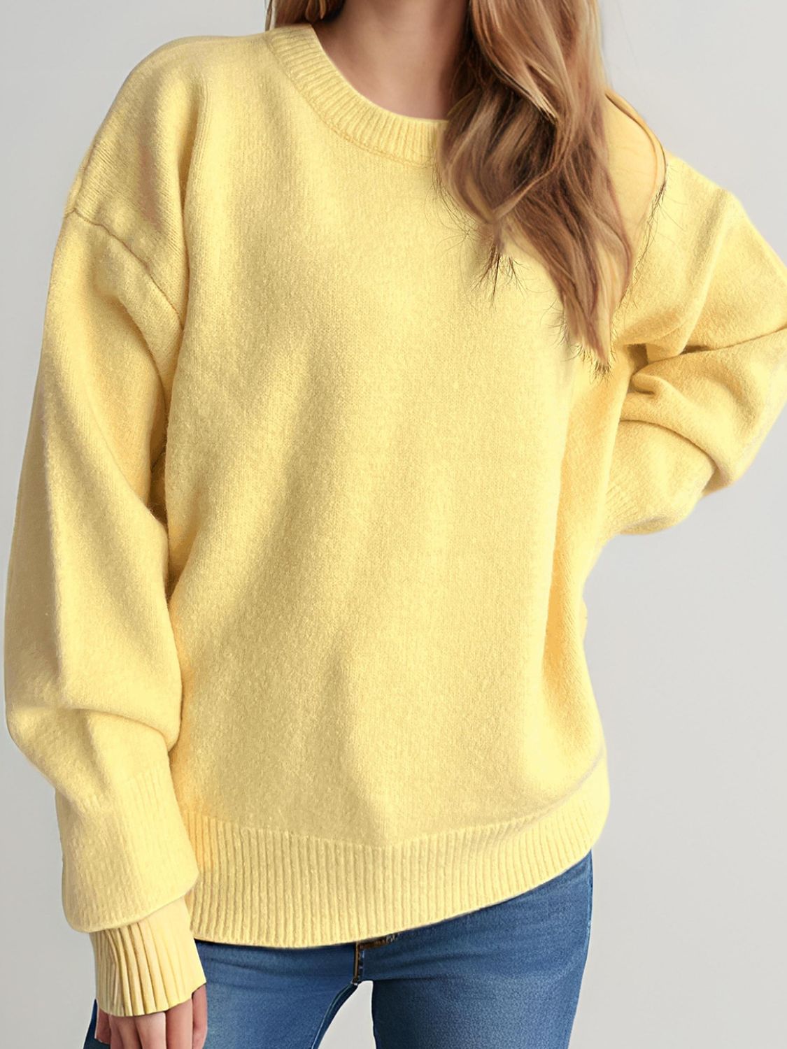 Round Neck Dropped Shoulder Long Sleeve Sweater Trendsi