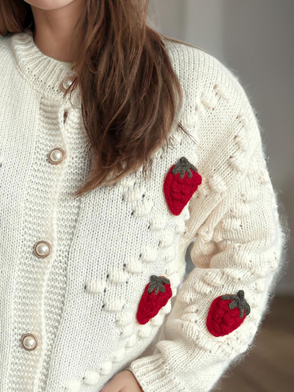 Strawberry Button Down Long Sleeve Cardigan Trendsi