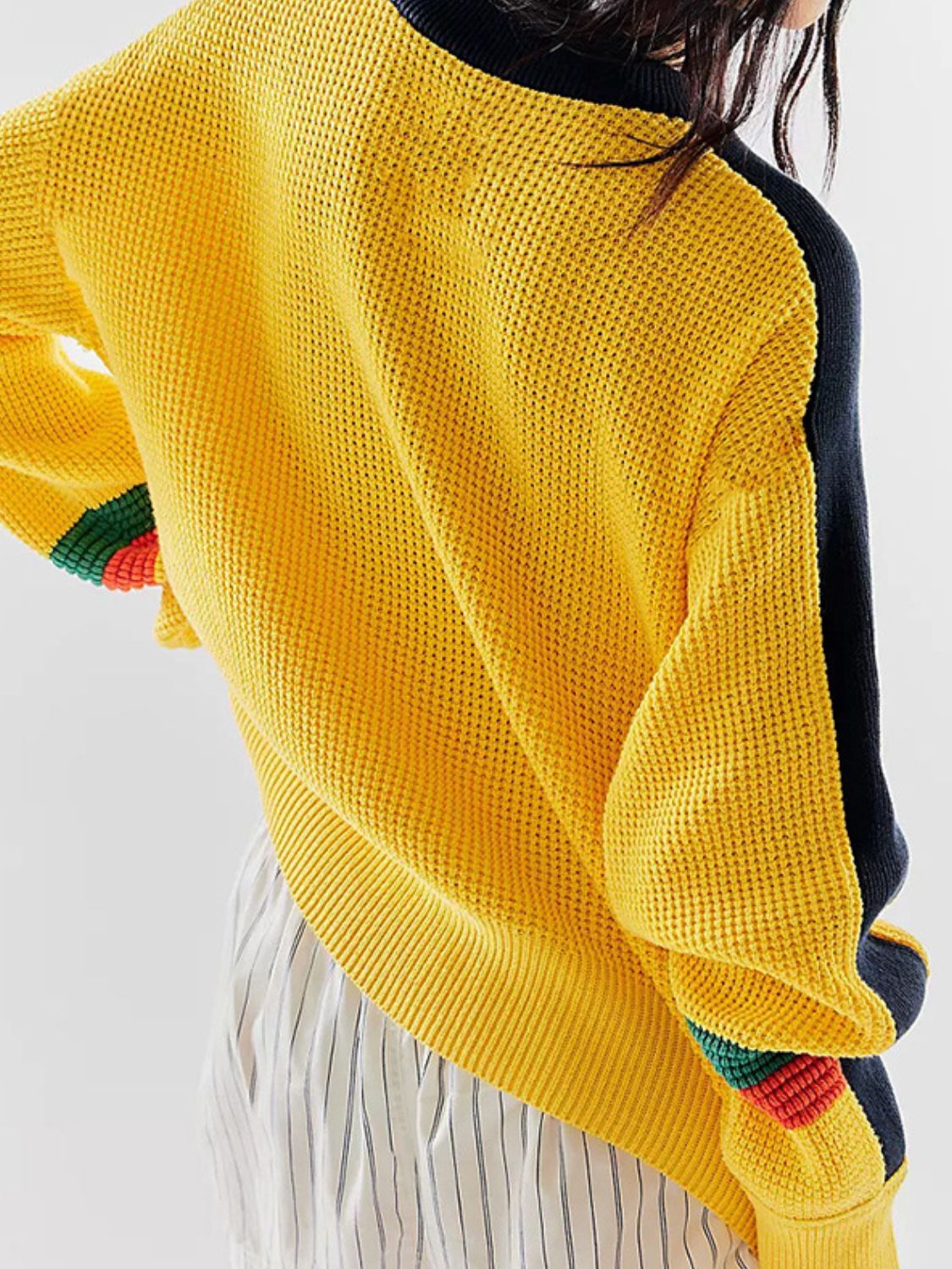 Waffle-Knit Contrast Round Neck Sweater Trendsi