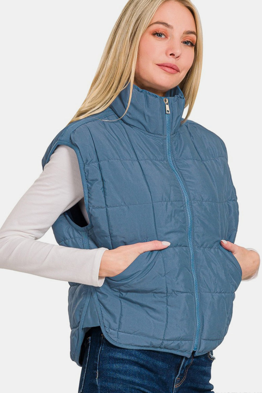 Zenana Zip Up Cropped Puffer Vest with Pockets Trendsi