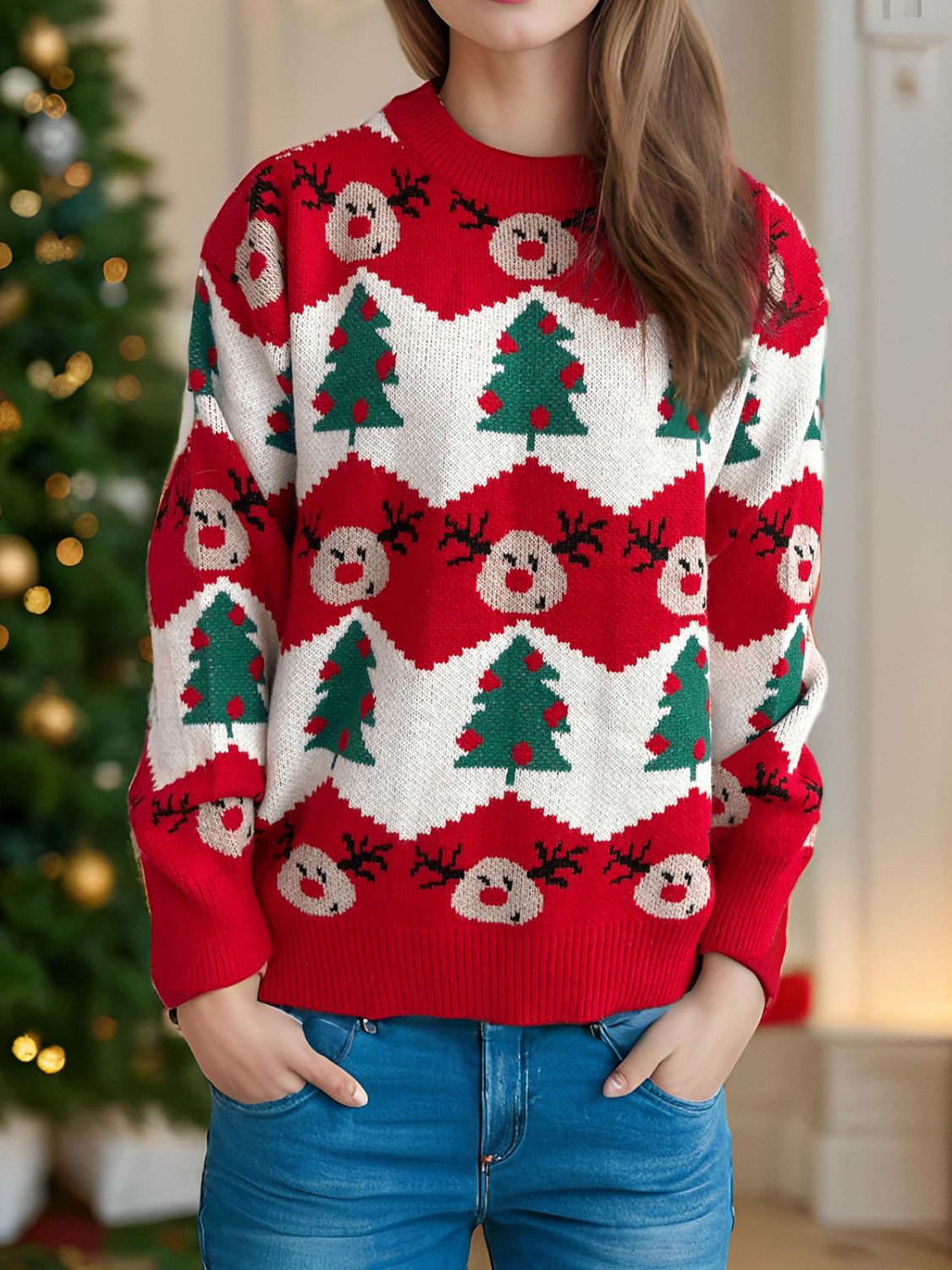 Christmas Element Round Neck Long Sleeve Sweater Trendsi