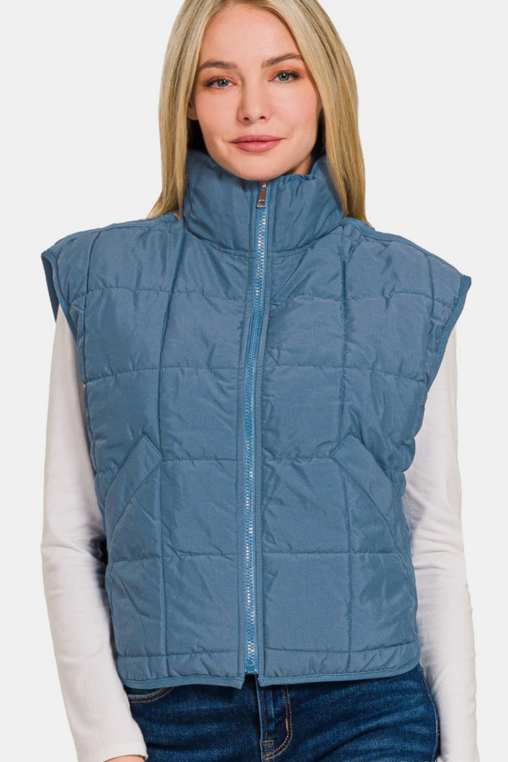 Zenana Zip Up Cropped Puffer Vest with Pockets Trendsi