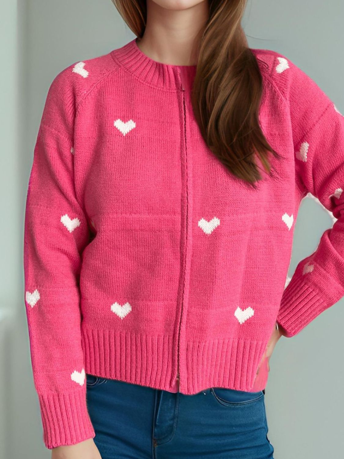 Heart Round Neck Zip Up Cardigan Trendsi