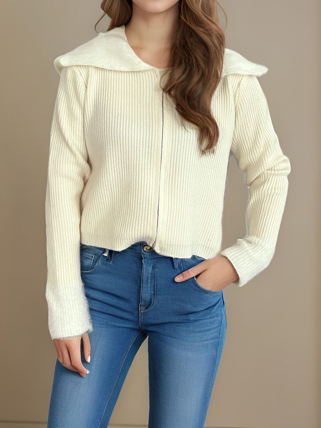 Zip Up Collared Neck Long Sleeve Cardigan Trendsi