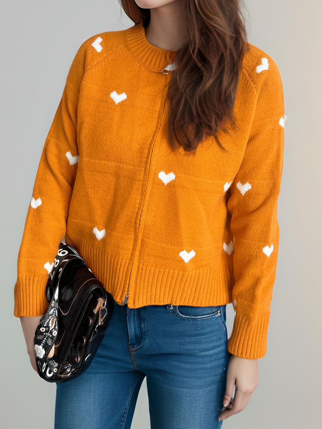 Heart Round Neck Zip Up Cardigan Trendsi