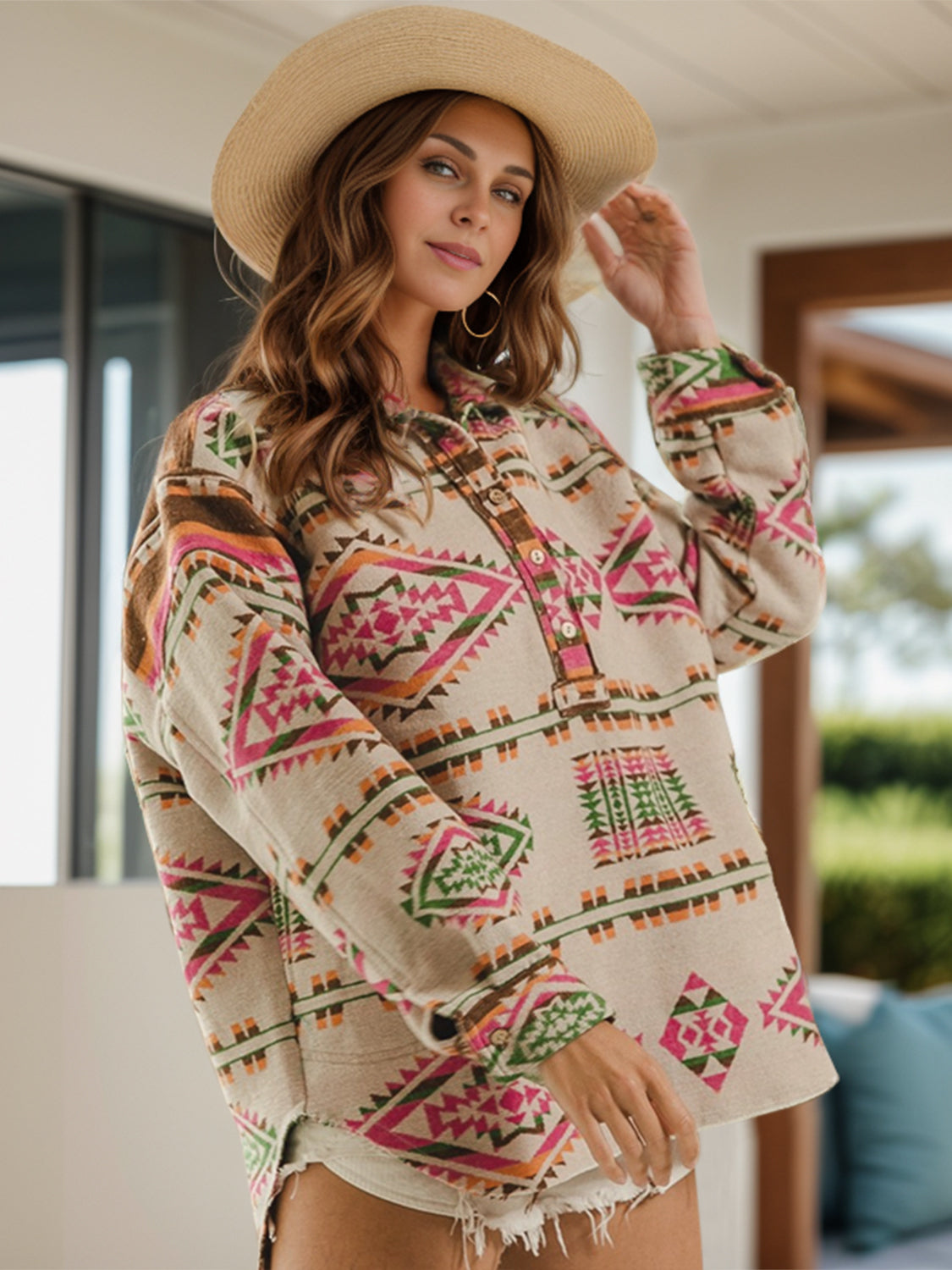 Geometric Half Button Long Sleeve Sweatshirt Trendsi