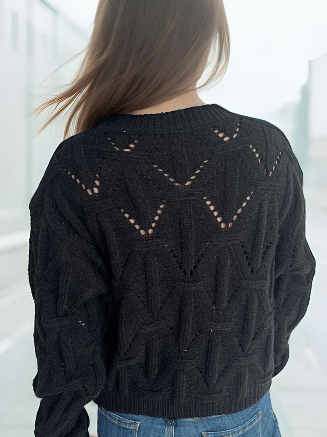 Openwork Round Neck Long Sleeve Cardigan Trendsi