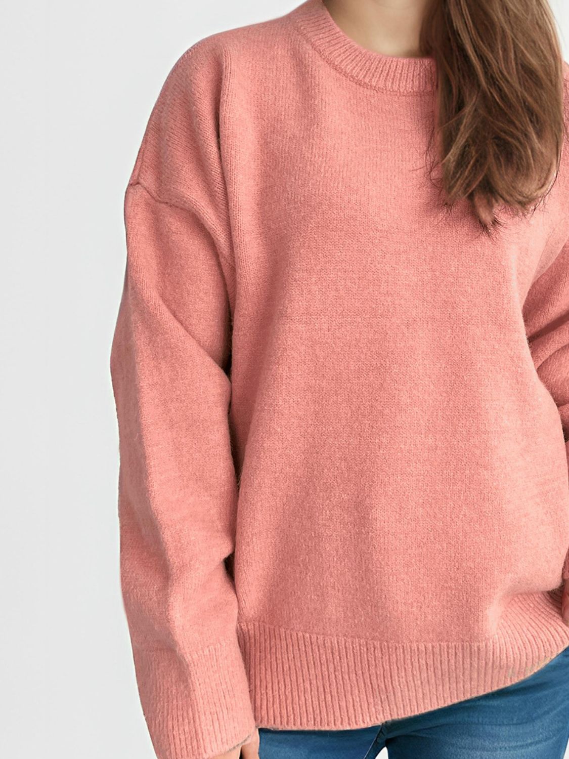 Round Neck Dropped Shoulder Long Sleeve Sweater Trendsi