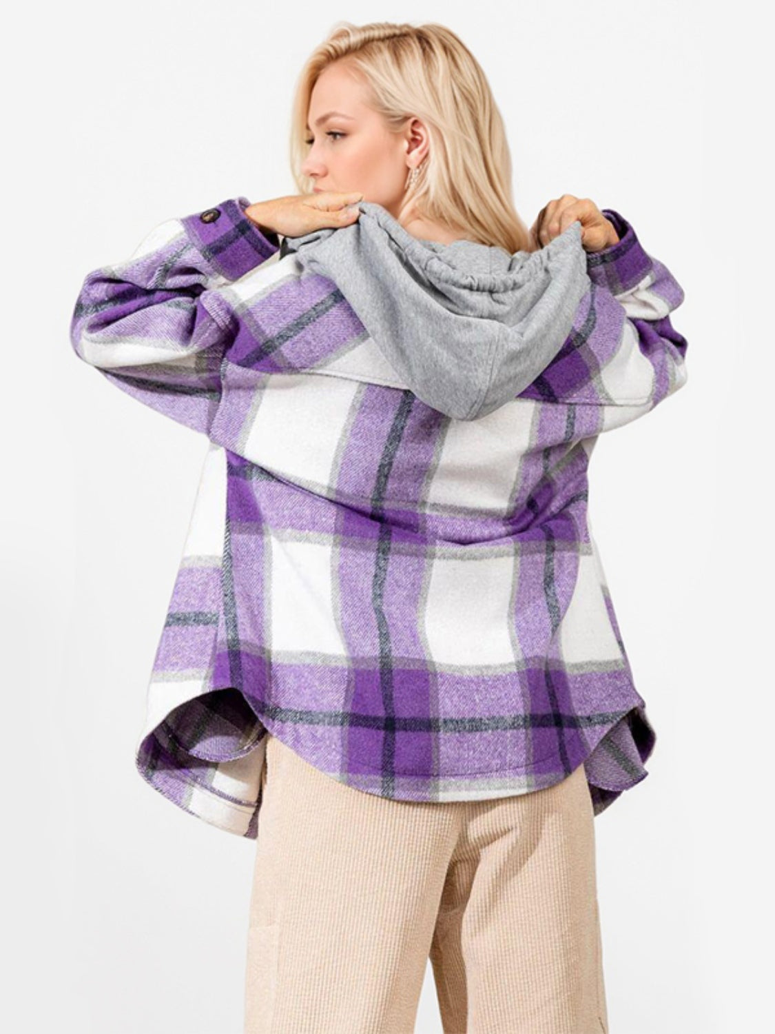 Drawstring Plaid Button Up Long Sleeve Outerwear Trendsi