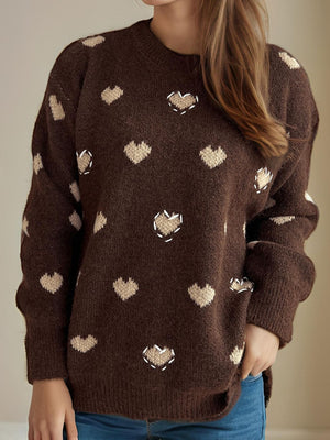 Heart Round Neck Long Sleeve Sweater Trendsi